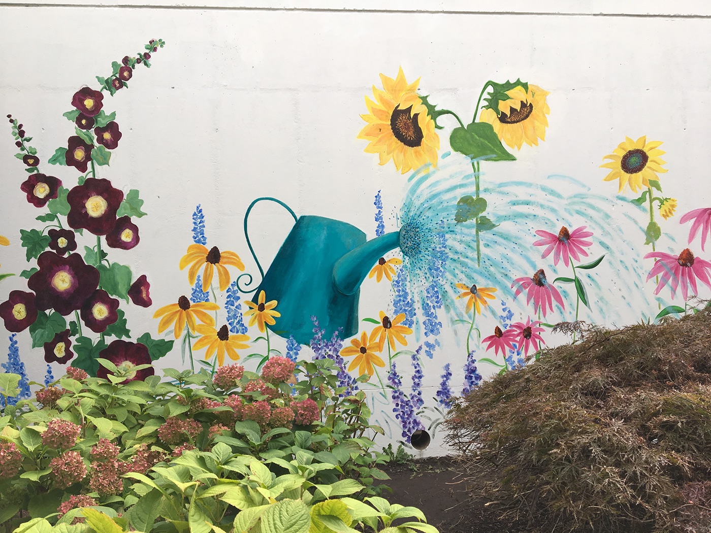 garden mural garden of whimsy the four seasons Street Art  hartford hospital mural art sunflowers and bees iridescent paint fall landscape for Cancer Patients
