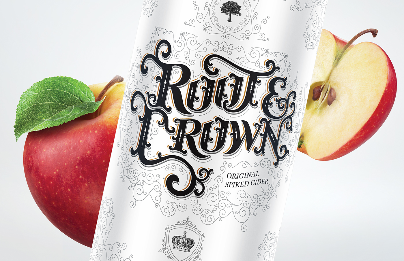 Vodka liquor cider hard spiked can root crown Mockup package Label flourish lettering type