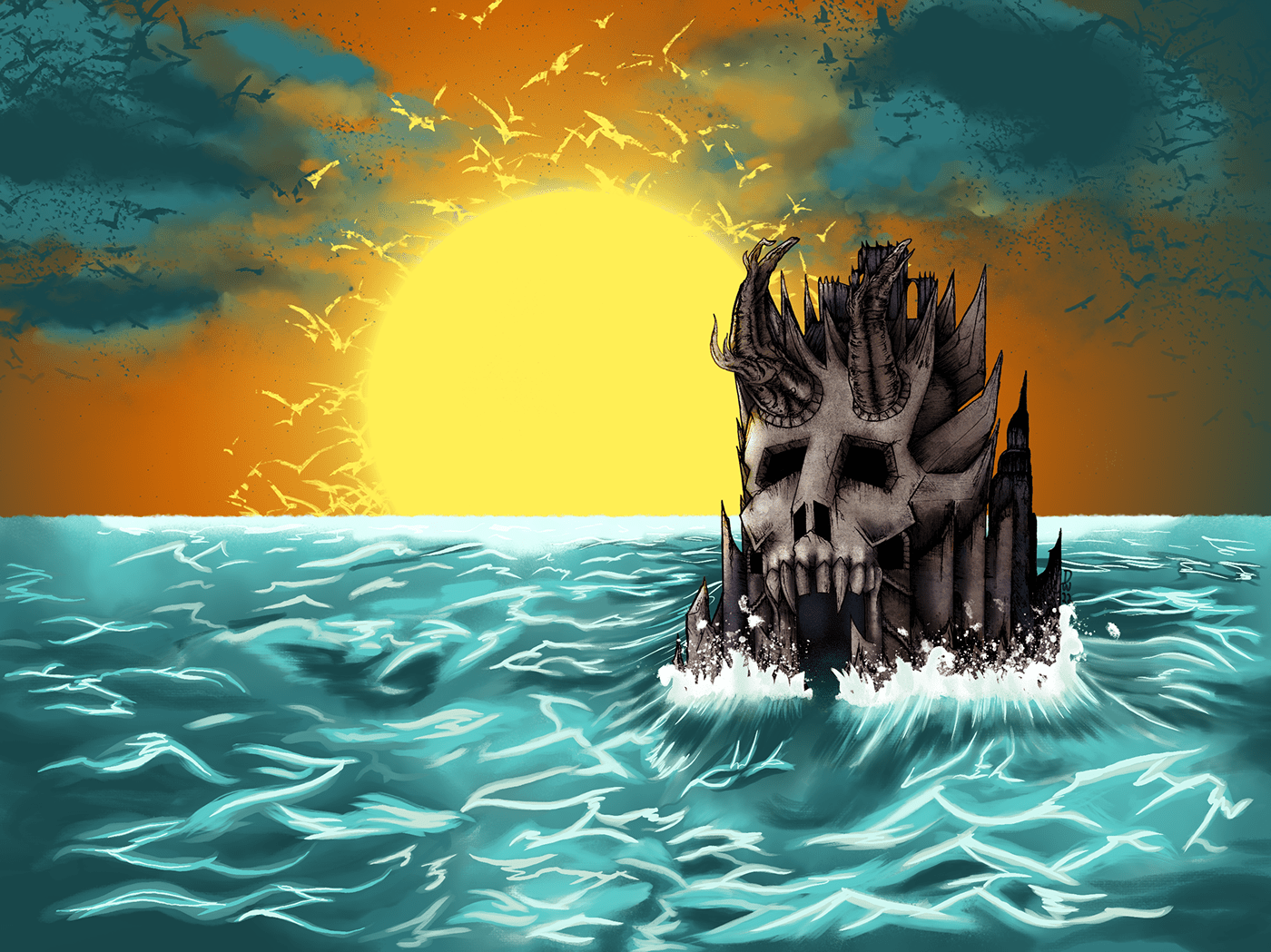 digital 2d horror macabre Ocean pen and ink skull sunset traditional and digital warm colors