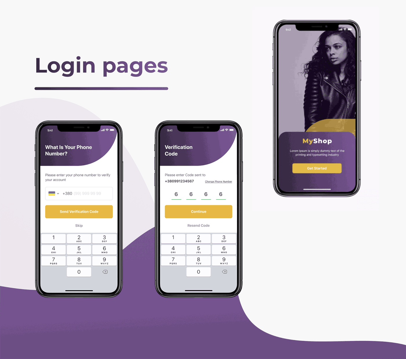 Mobile App, Login page, Sign In, Sign Up, Verification Code, Phone Number, Start screen