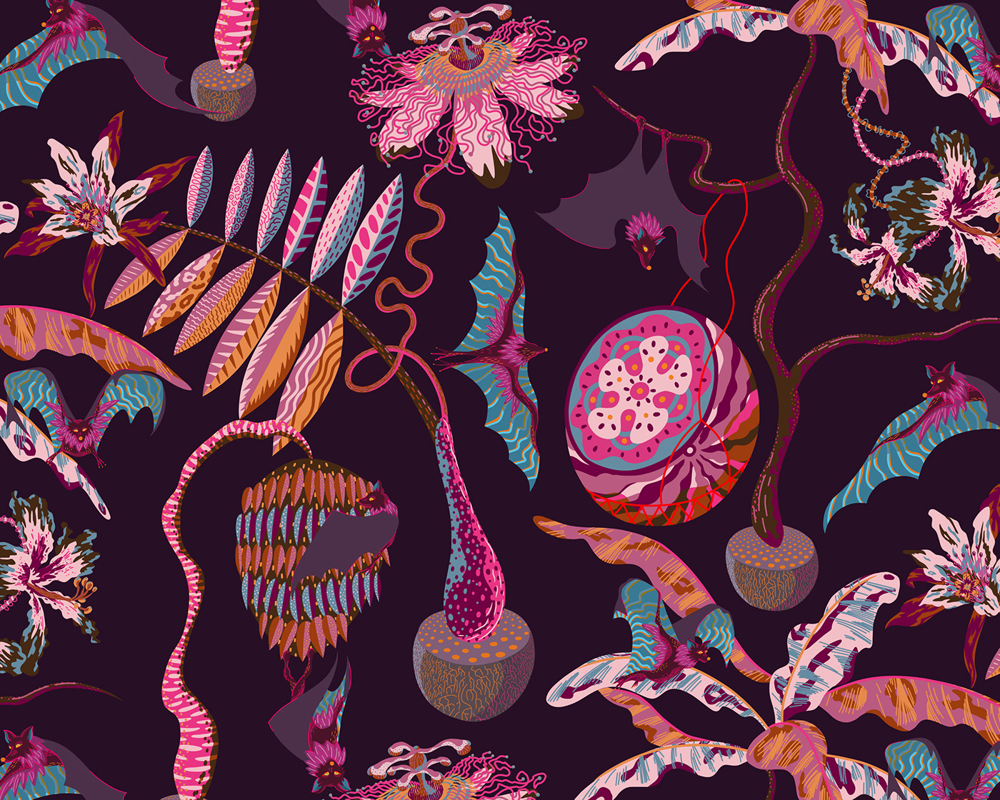 Autumnal colourway of the 'Midnight Feast' pattern depicting bats in a lively jungle world.