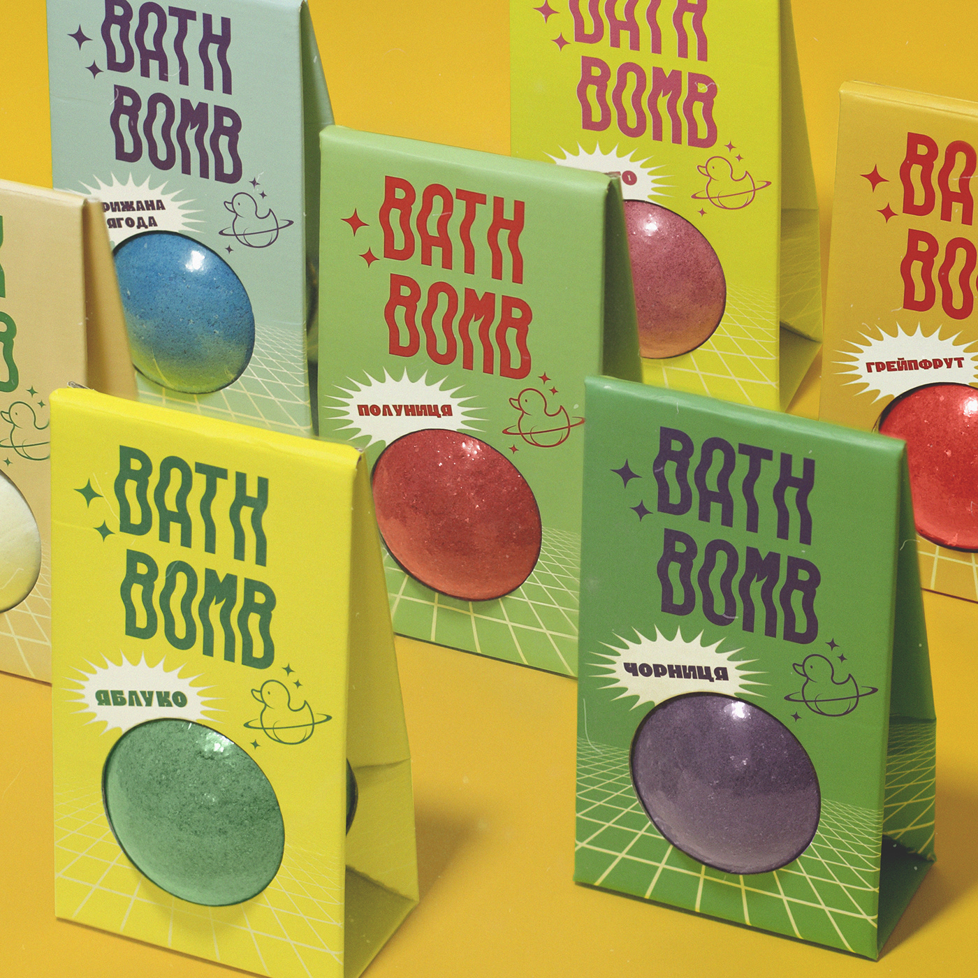 after effects Character design  identity ILLUSTRATION  motion design Packaging 90s bath bomb duck Retro