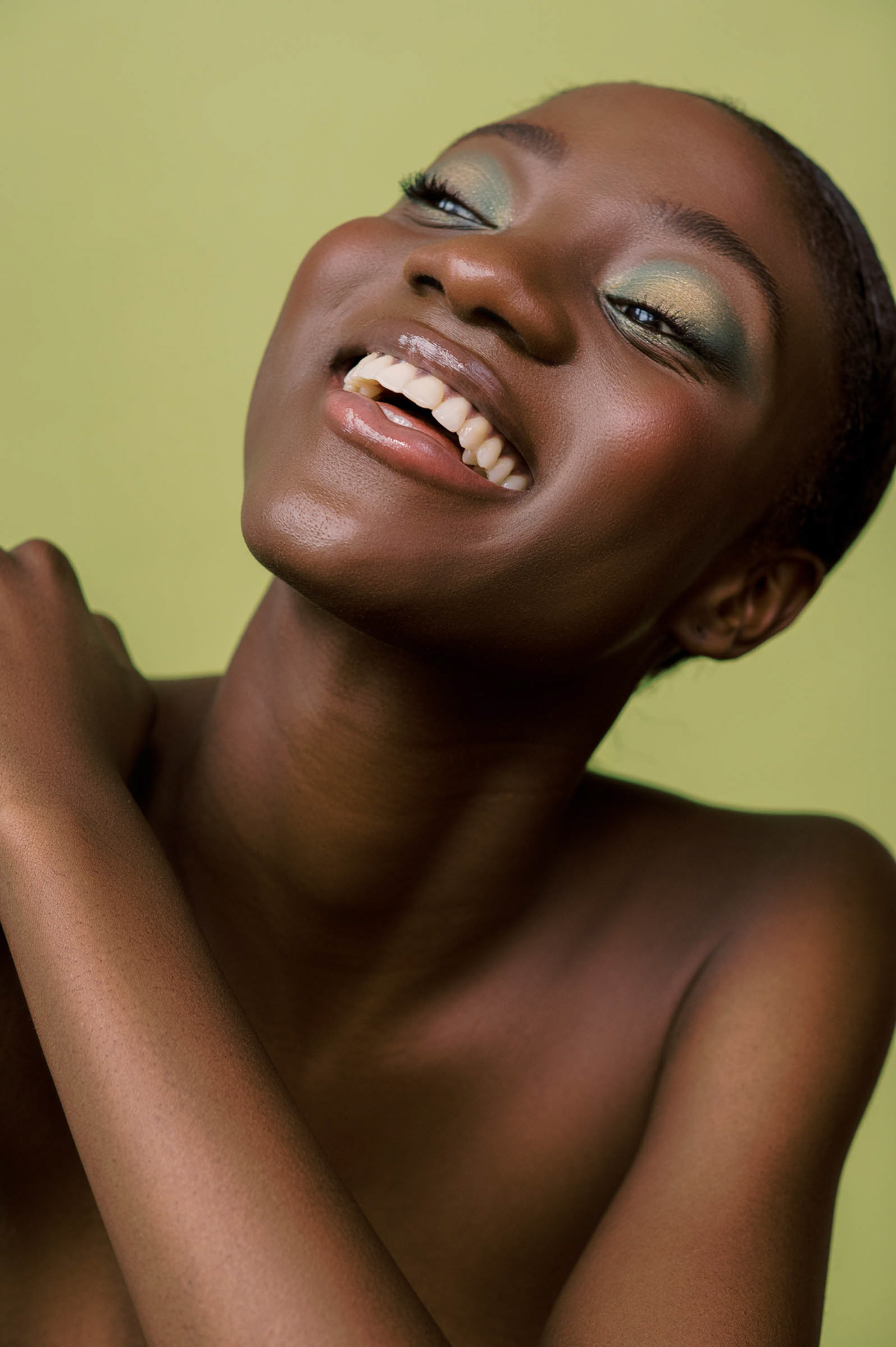 Shimmery eye-make up looks in different tones are the main focus of this beauty editorial.