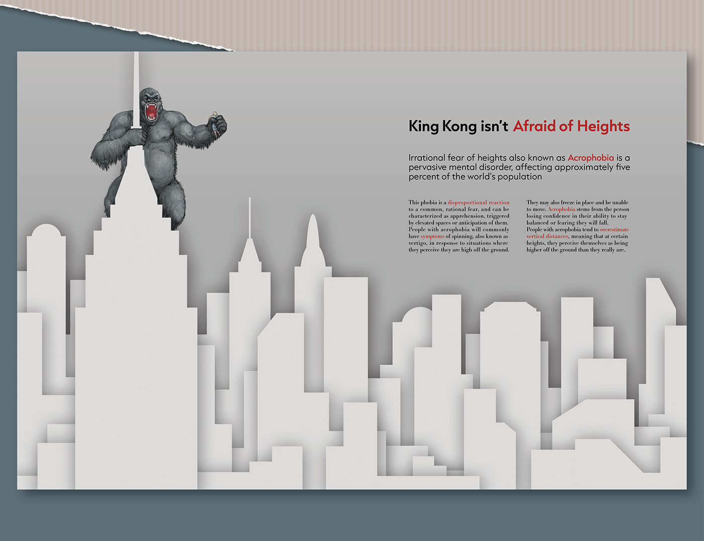acrophobia digital painting Double Page Spread editorial editorial design  Editorial Illustration Editorial typography Fear of Heights King Kong magazine layout