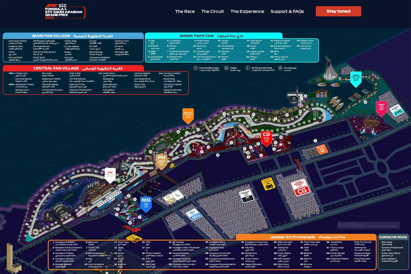 F1 Saudi Arabian Grand Prix 2023 Official Map - Jeddah Corniche Circuit. Map illustrated by Rod Hunt