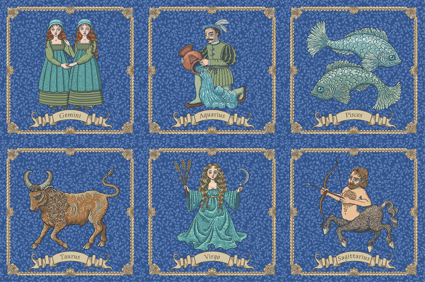Astrology greeting cards Surface Pattern textile design  vintage