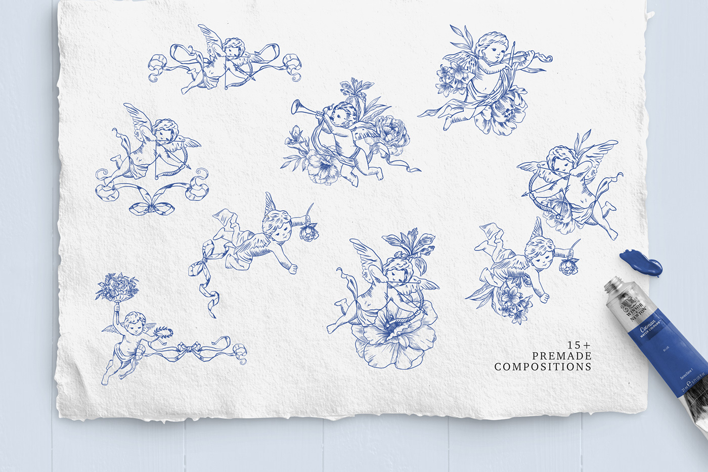 angel line art commercial illustration pattern cherub floral botanical retro design vintage illustration
