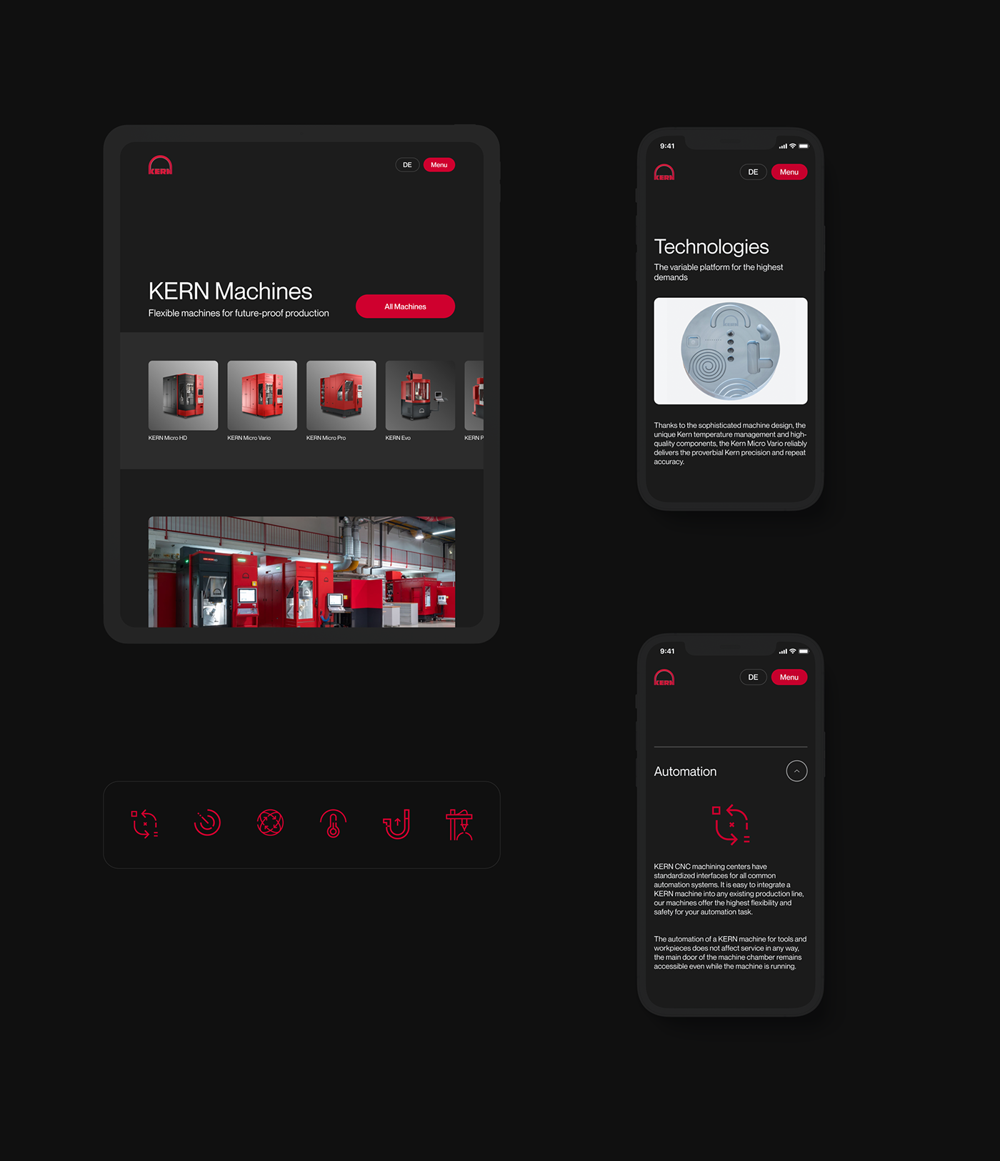 clean corporate Technology UI ux Webflow cards dark machinery manufacturing