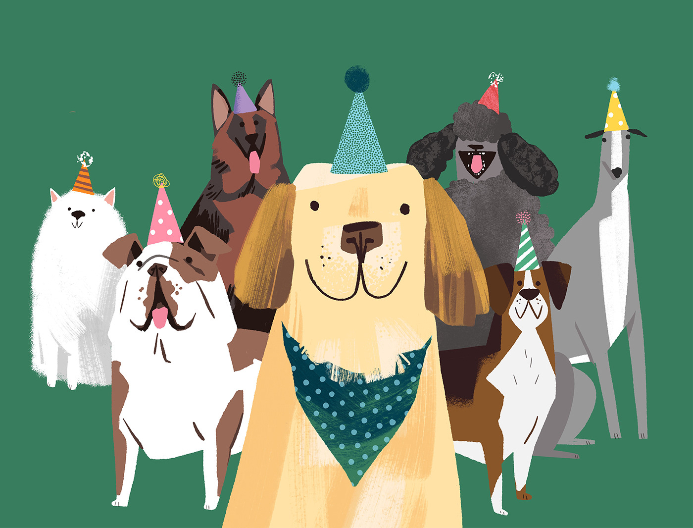 group of dogs with birthday hats