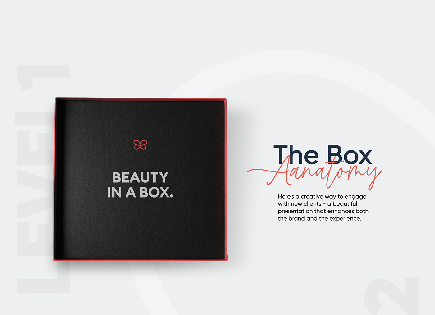 Evolus gift box user manual branded with symbol, with concept’s explanatory text using typefaces.