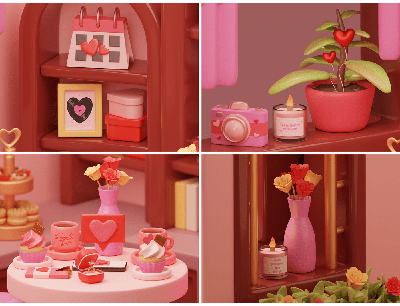 Valentine's Day Love romantic wedding user interface motion design 3d modeling blender3d animation  Graphic Designer