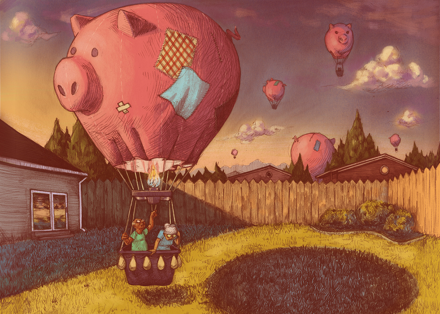 ILLUSTRATION  Drawing  Editorial Illustration hot air balloon Pensions retirement suburbs
