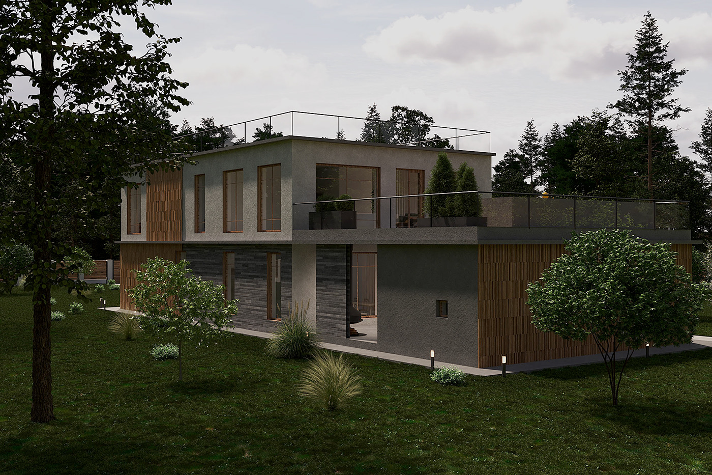 contemporary exterior house Flat roof architecture visualization 3ds max corona archviz Render