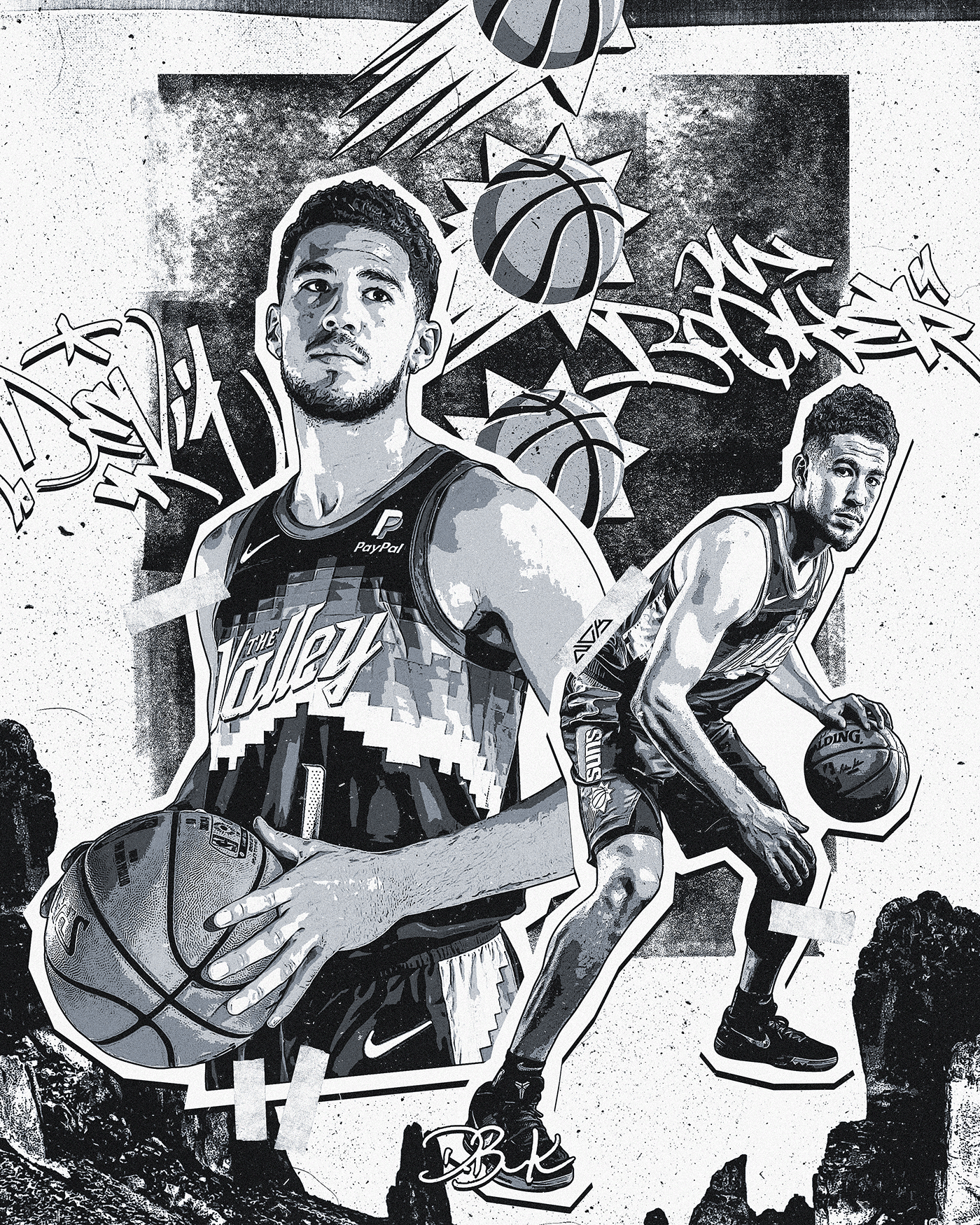 art basketball black and white Chris Paul comic design Devin Booker NBA Phoenix Suns sports