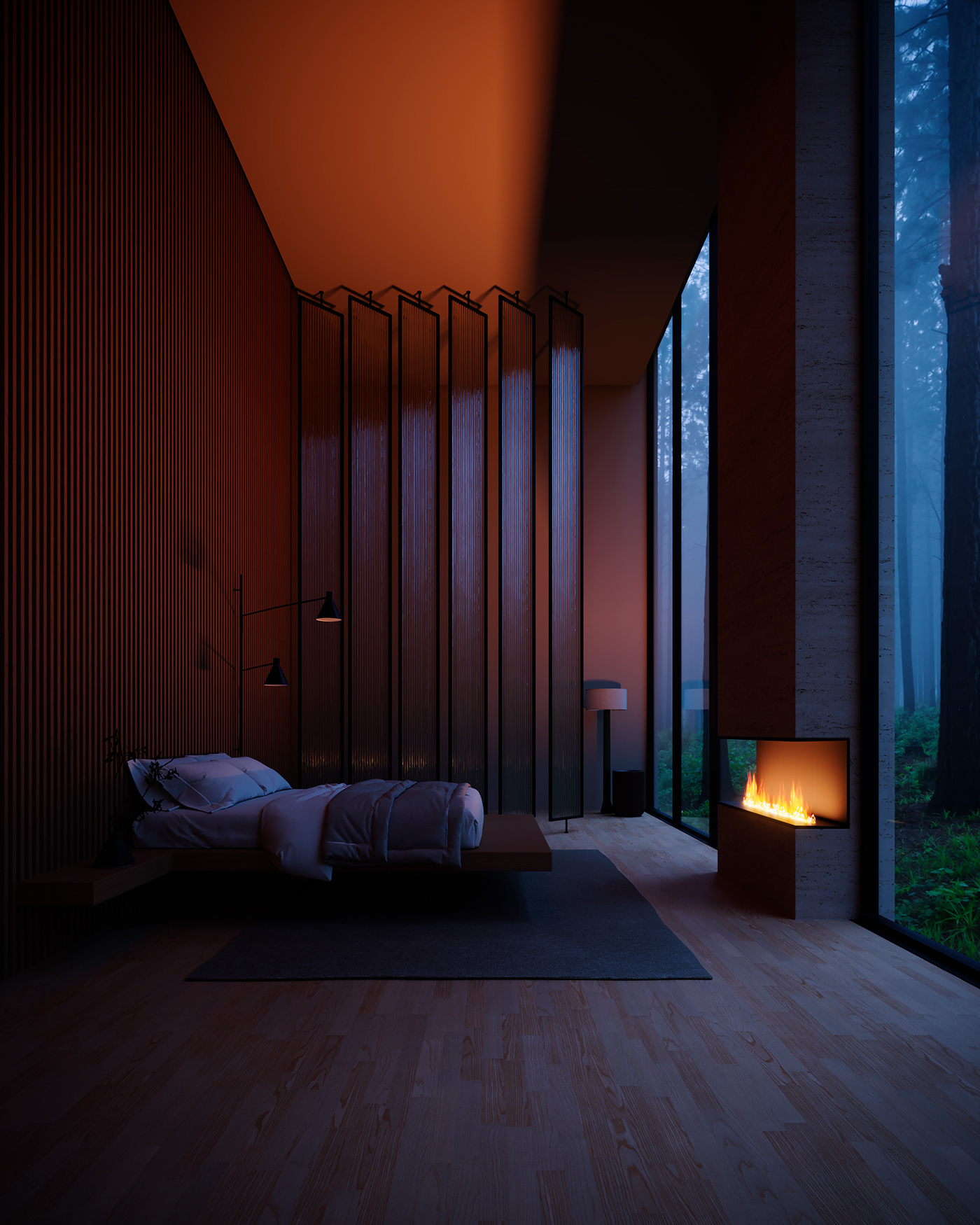3D architecture bedroom black and white CGI interior design  night overcast Render visualization