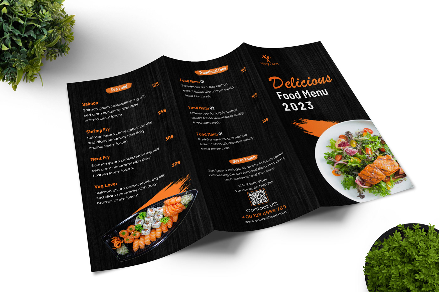 trifold brochure brochure design food menu restaurant Menu Card trifold menu card Bi-fold Advertising  tri-fold brochure design
