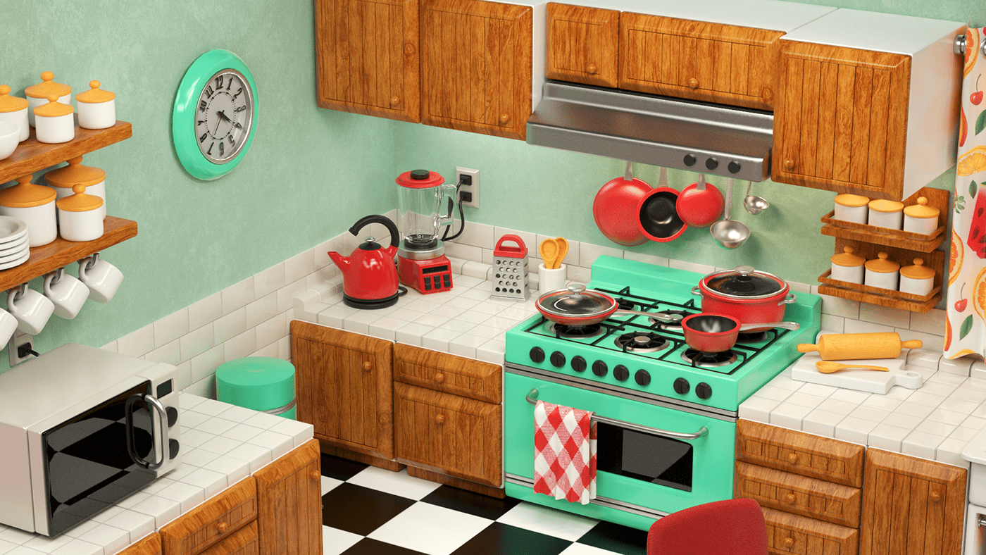 after effects c4d cinema4d cute kitchen modeling MoGraph redshift Retro