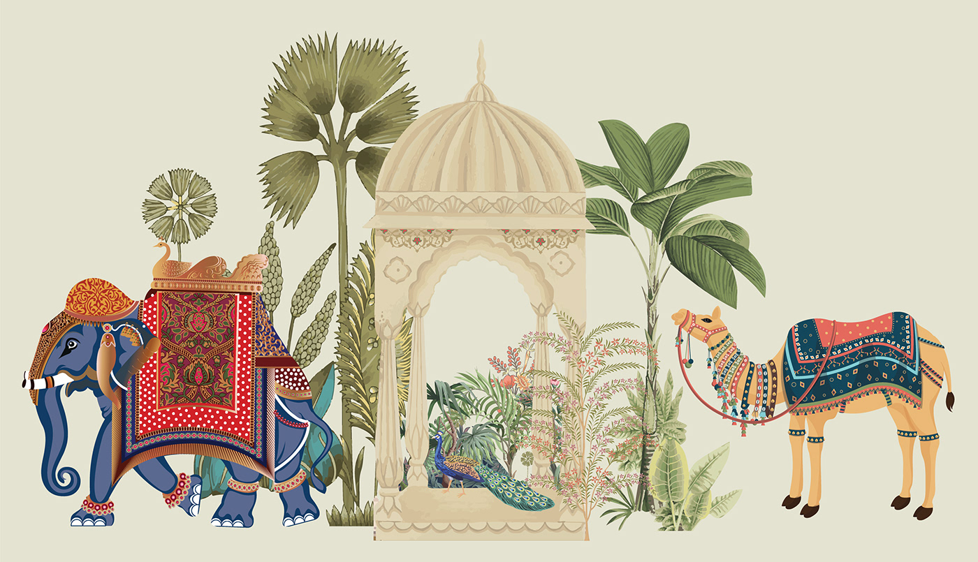 animals garden India motif mughal pattern Tropical elephants wallpaper