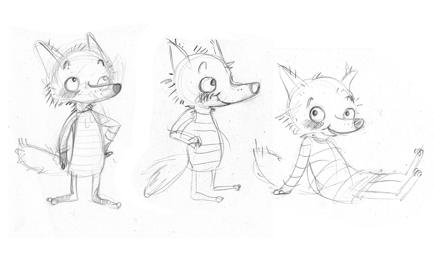 wolf watercolor Character design  pencil cute children illustration sketch