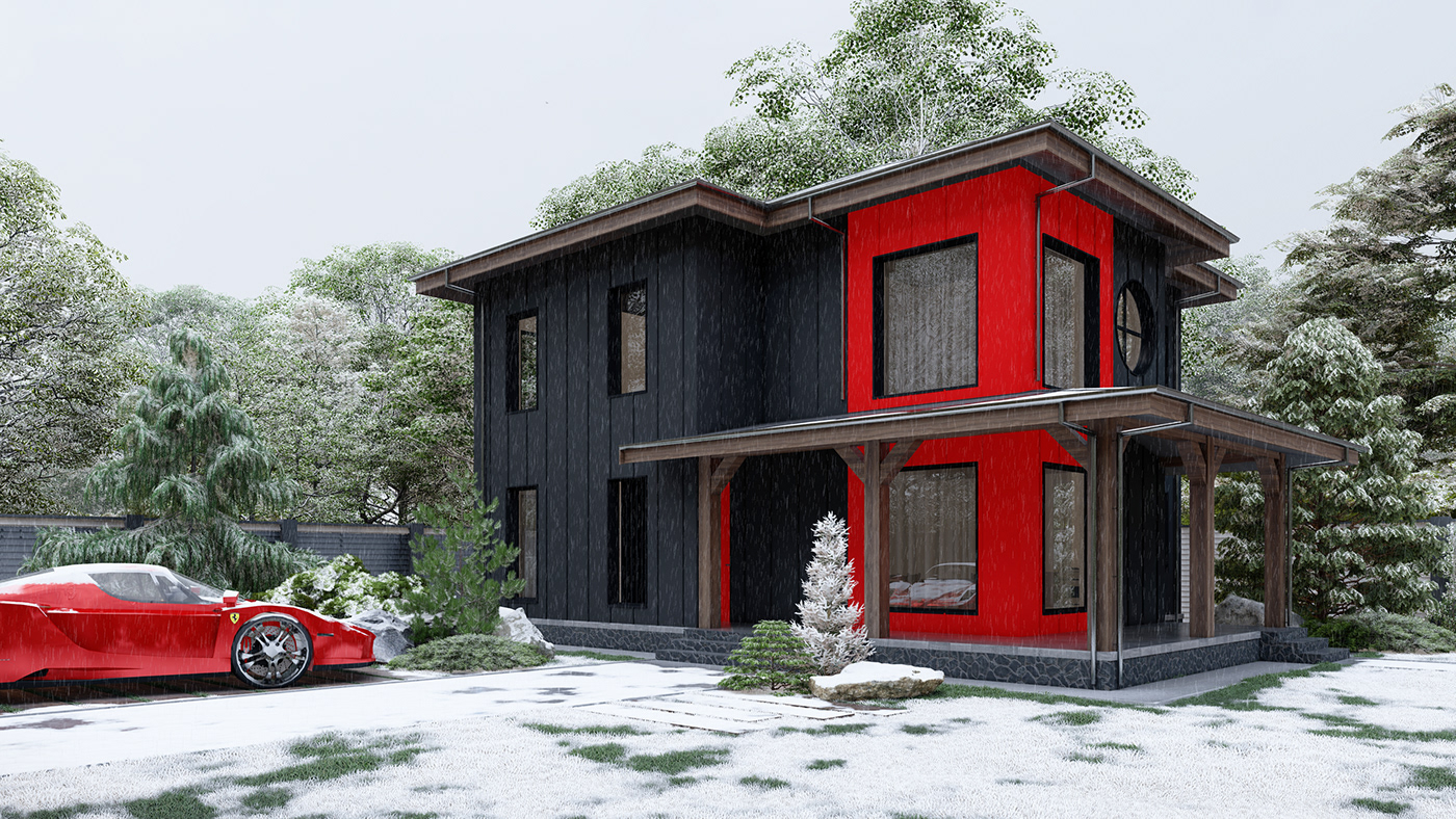 ArchiCAD architecture contemporary lumion visualization exterior design black and red