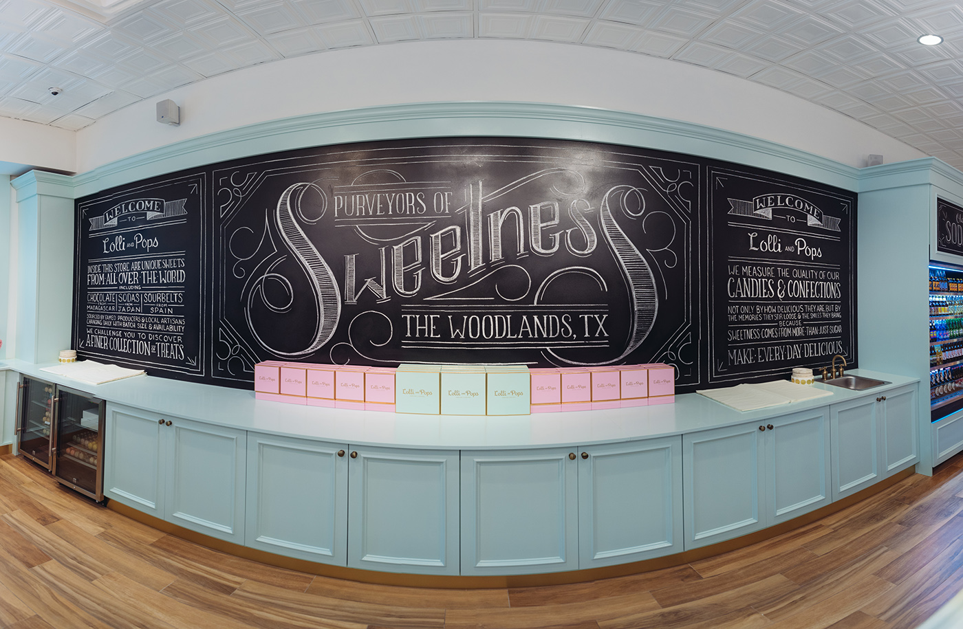 chalk lettering HAND LETTERING lolli and pops The Woodlands candy store valerie durak Chalk art Mural