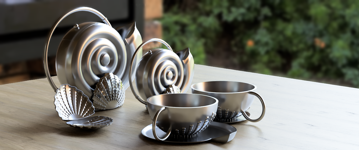 product design  3d modeling seashell TEA SET Autodesk 3D stainless steel industrial design  Render