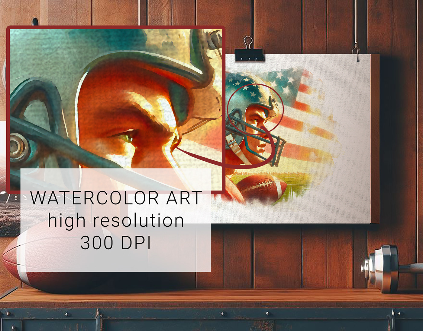 Watercolour football quarterback wall art  American flag as background. Retro poster