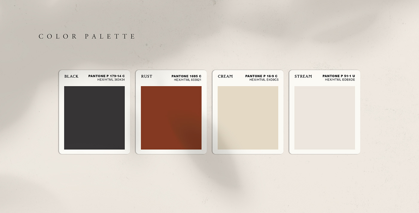 color palette
branding
visual identity
Pantone
cream
stream
rust
black
visual identity
color code