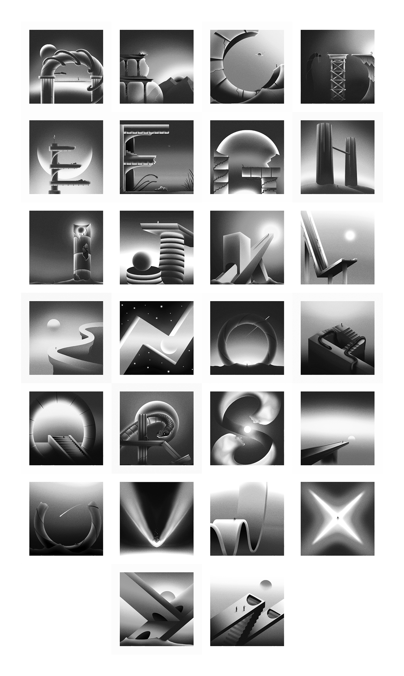 Set of custom illustrated letters - grayscale