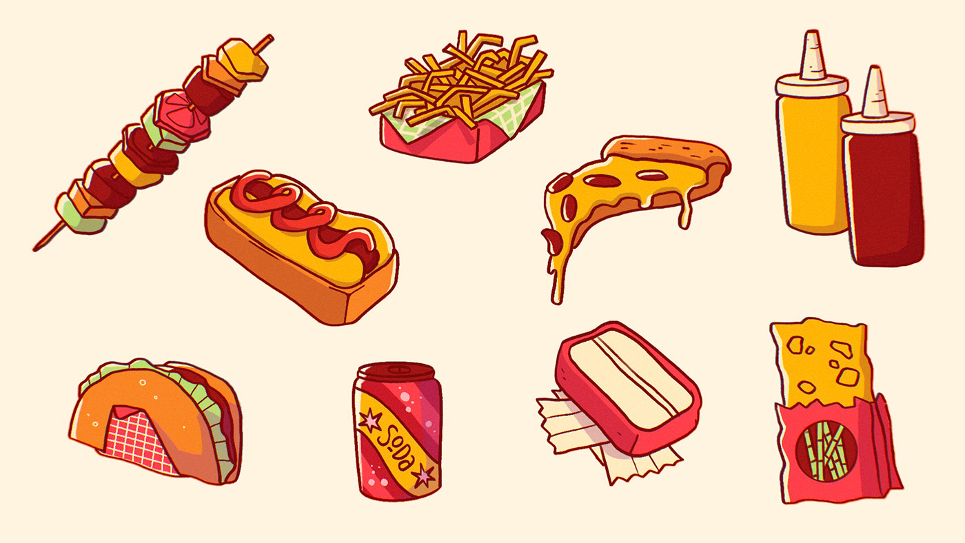 cartoon style fast food illustrated