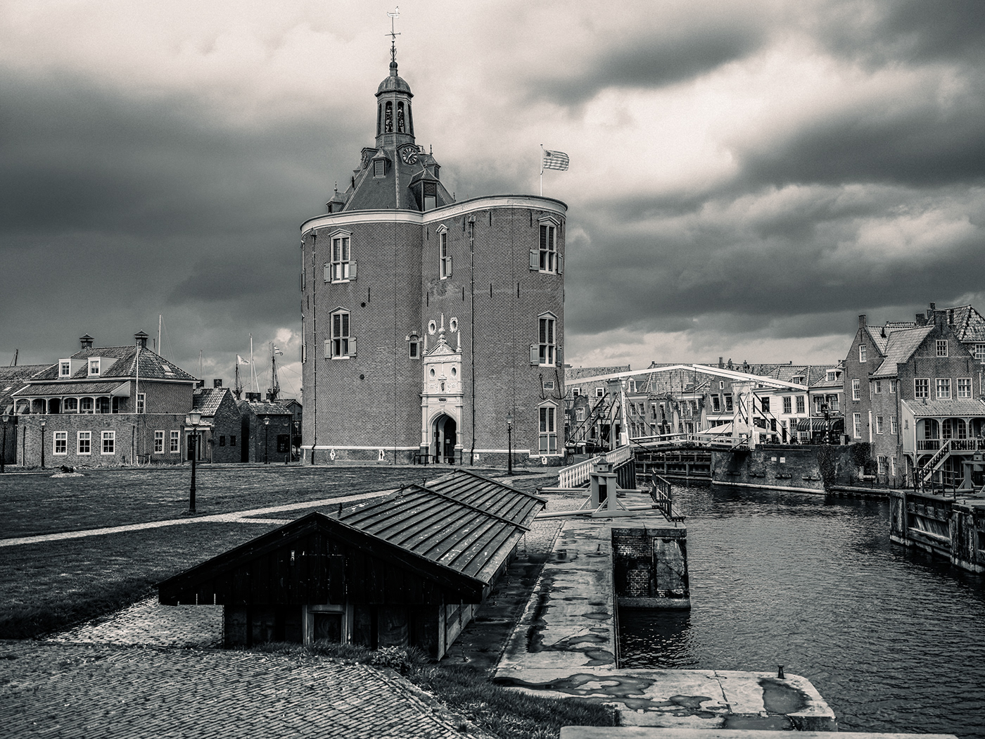 black and white Netherlands Boats architure spring rain Moody Cumulus Clouds Enkhuizen