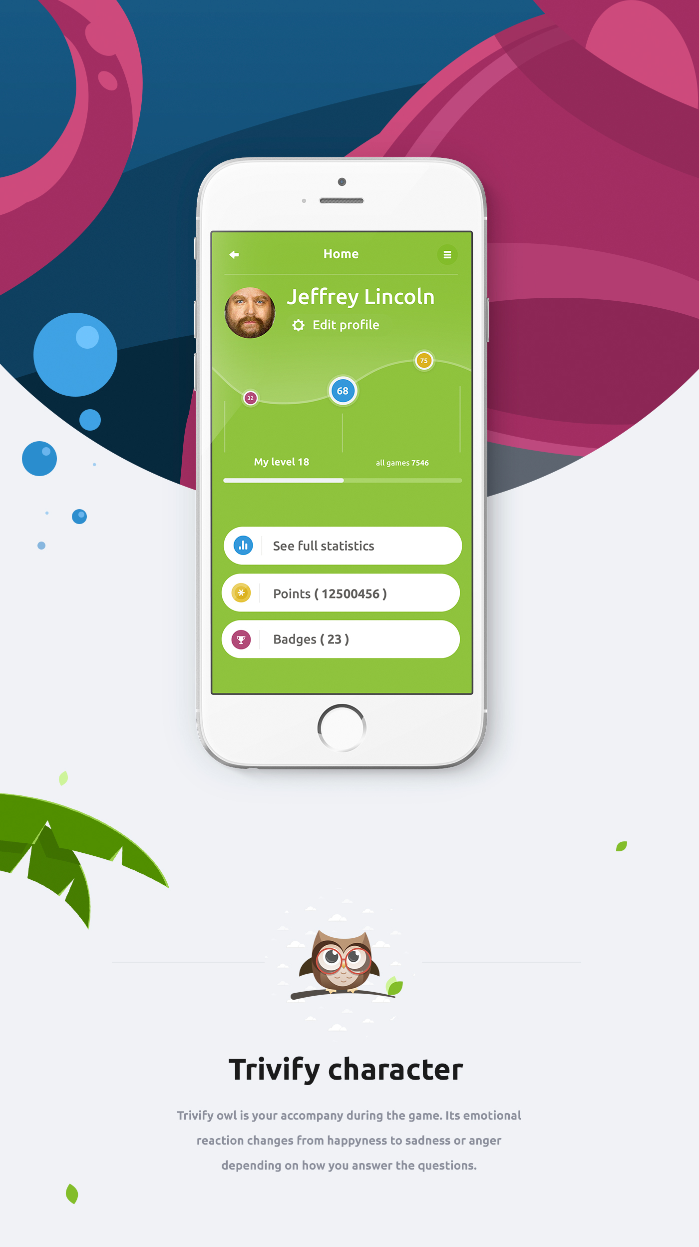 mobile app ios game owl UI ux design Character material iphone trivia application flat Web