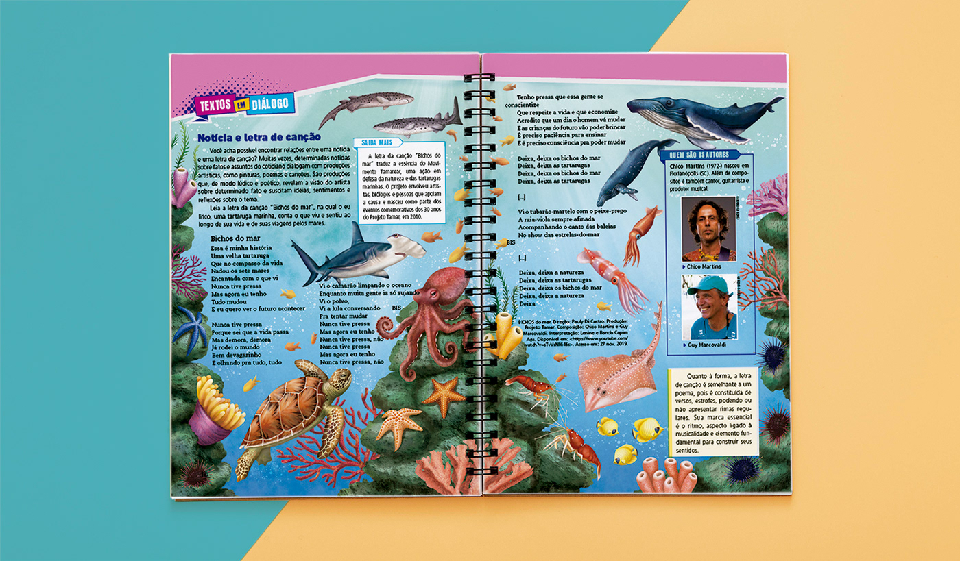 Under the sea illustration applied in a text book mockup. Illustration for FTD Educacional.