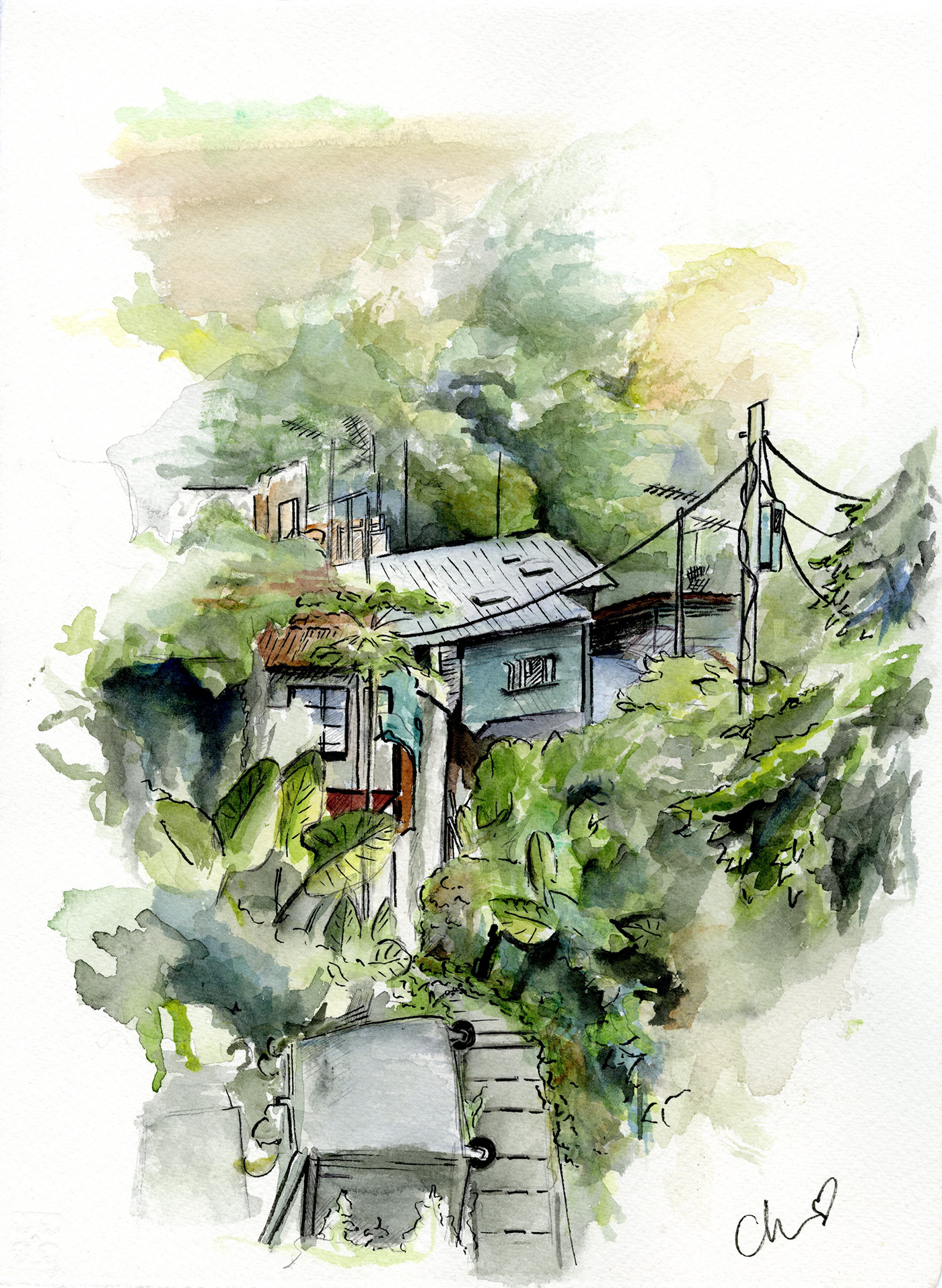 watercolor watercolour painting   pen sketch Landscape Nature village hongkong adobeawards