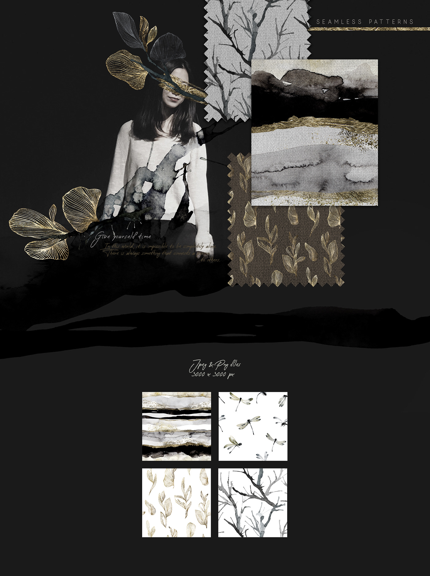 modern collection graphic minimalistic japanese oriental luxury gold watercolor black and white dragonflies