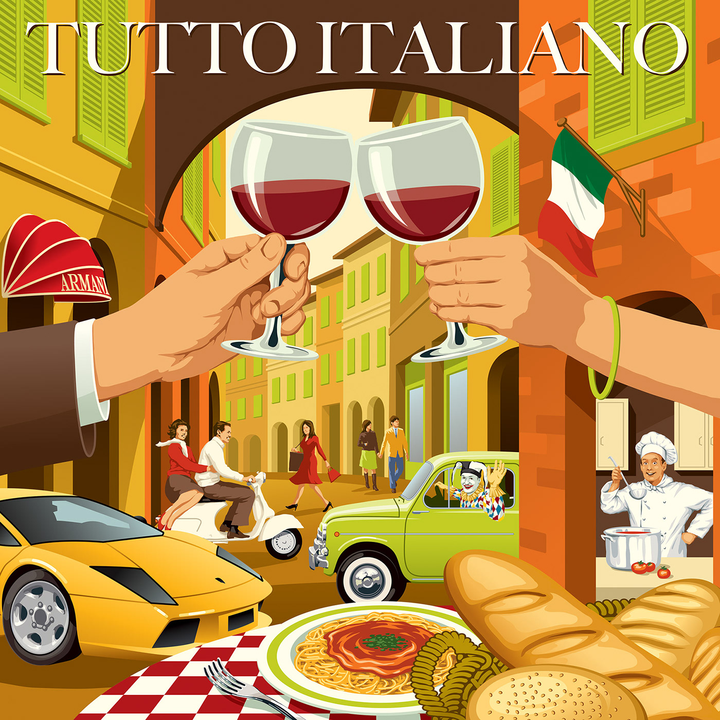 travel poster style illustration of an Italian street scene