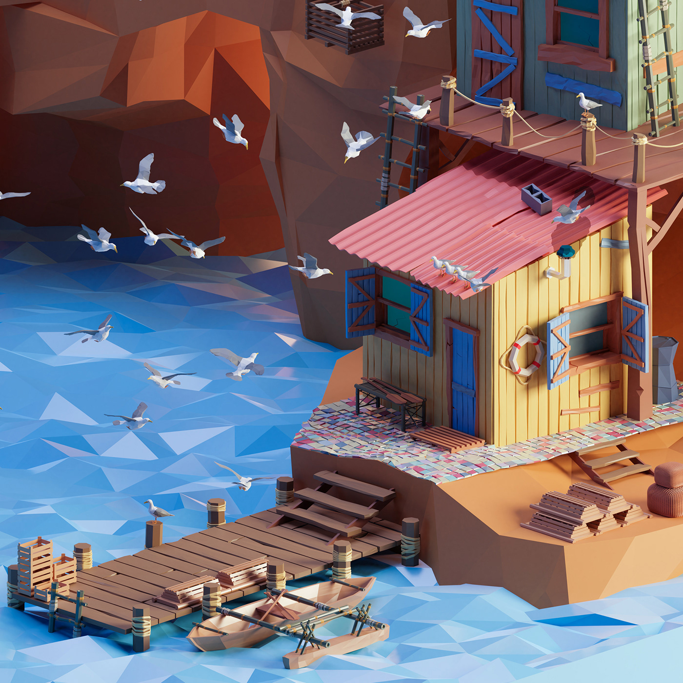 lowpoly Low Poly Isometric Render 3D water village Tropical color slums