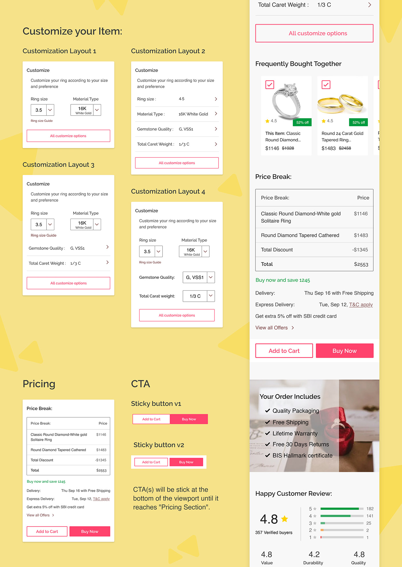 Customize and pricing section of Mobile web design of Product page for a jewellery ecommerce shop.