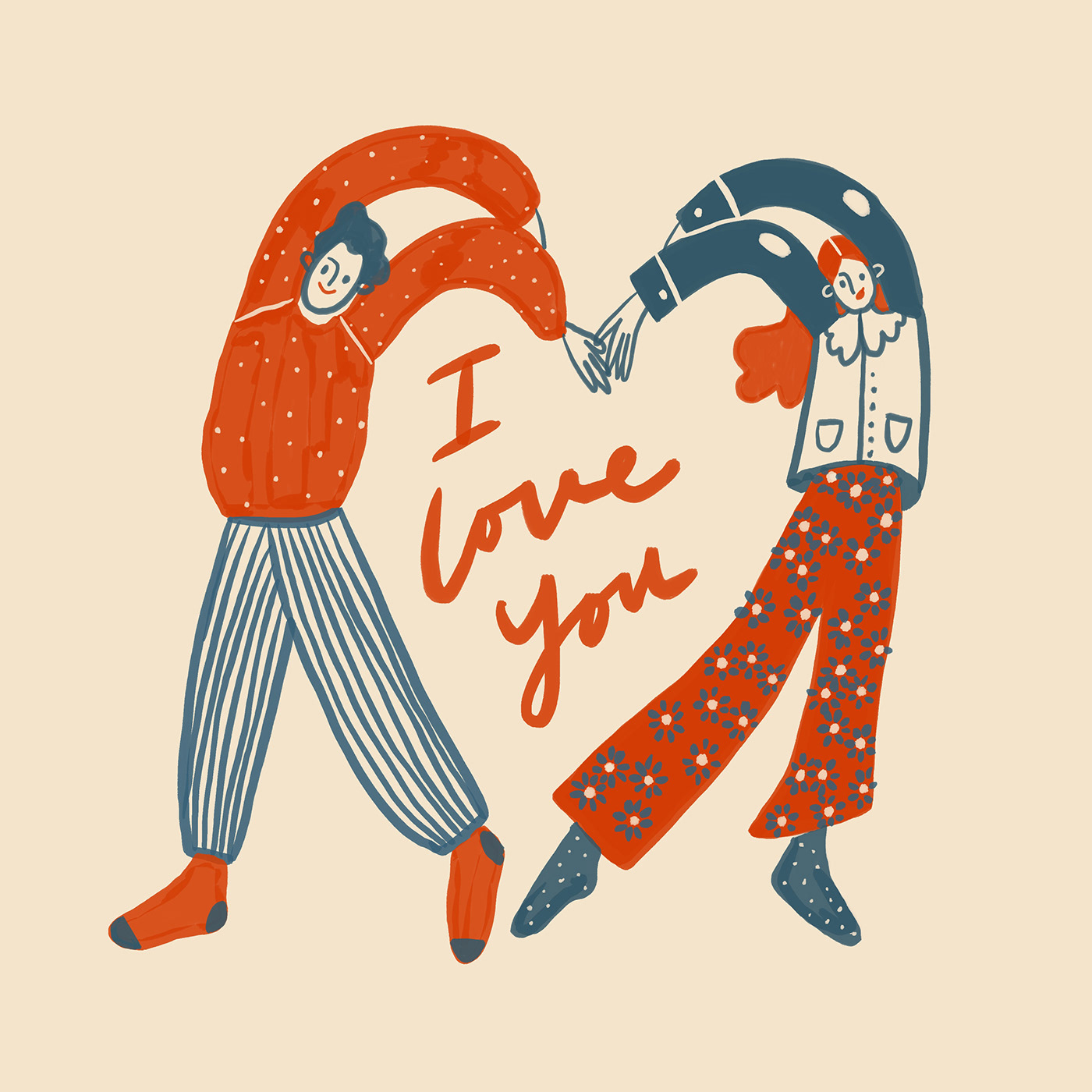 Valentines day illustration of a couple in red and blue
