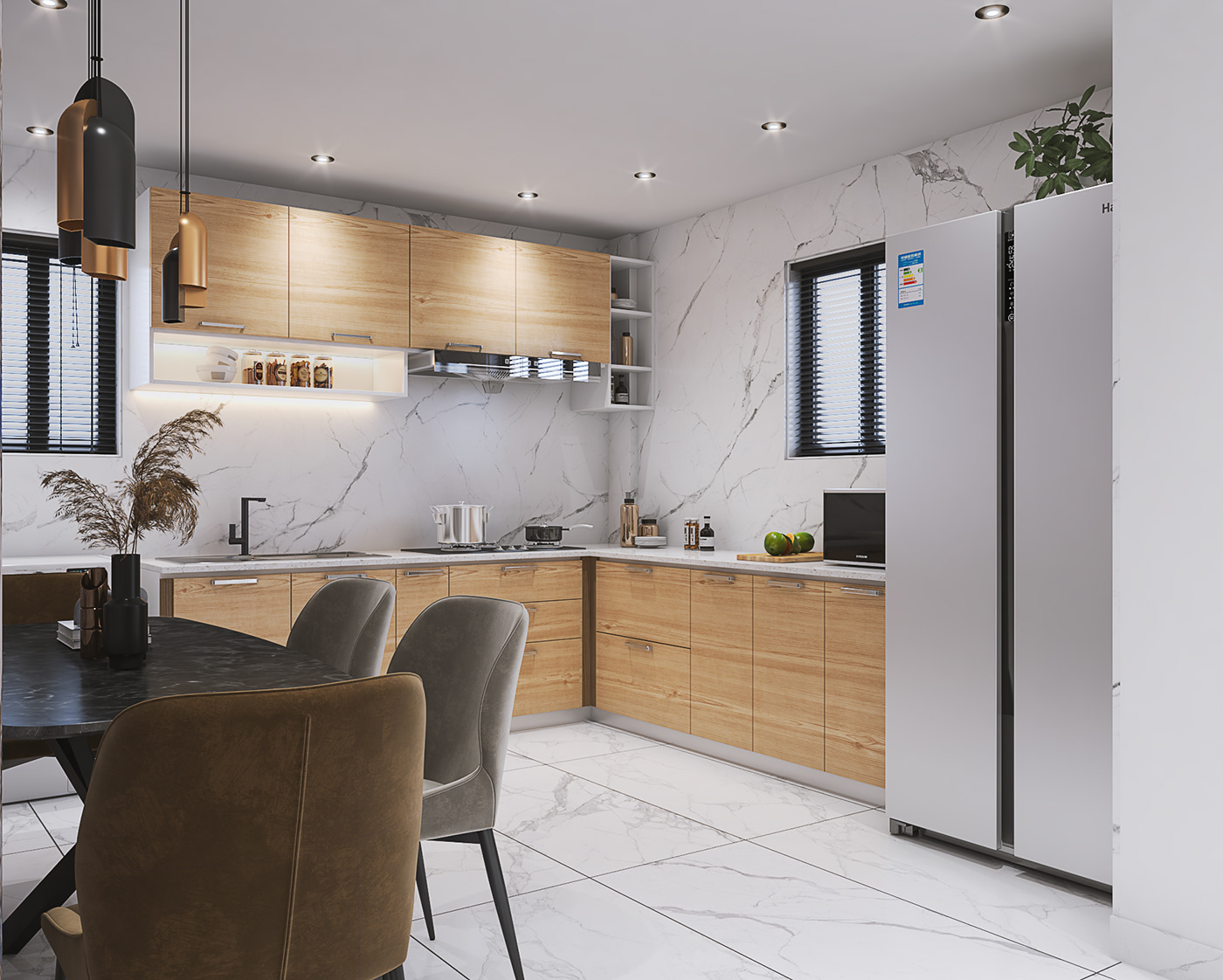 luxury modern 3ds max visualization archviz living room dining kitchen Render