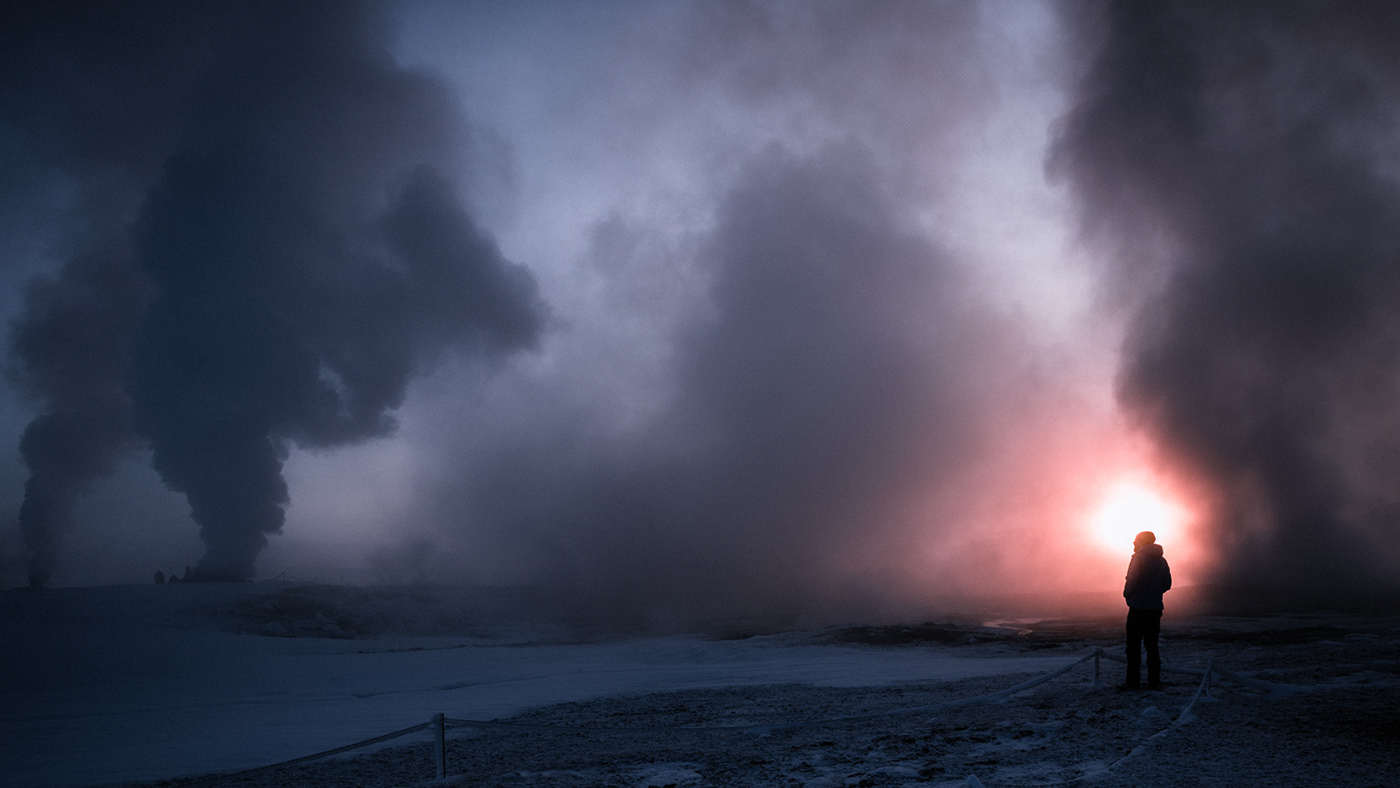iceland geothermal smoke Arctic surreal winter snow light sunset