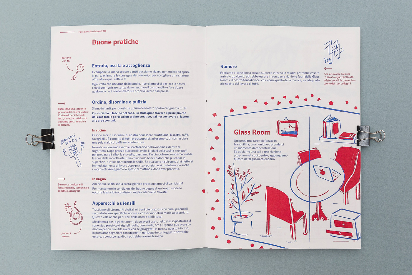 Guidebook good practices Work  people ILLUSTRATION  red blue Collaborative Space Creativity environment