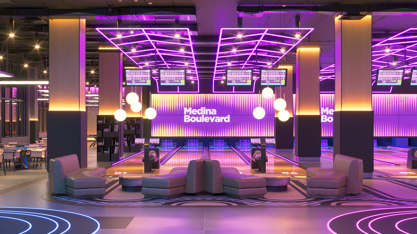 architecture interior design  visualization bowling arcade neon Gaming shopping mall club bar