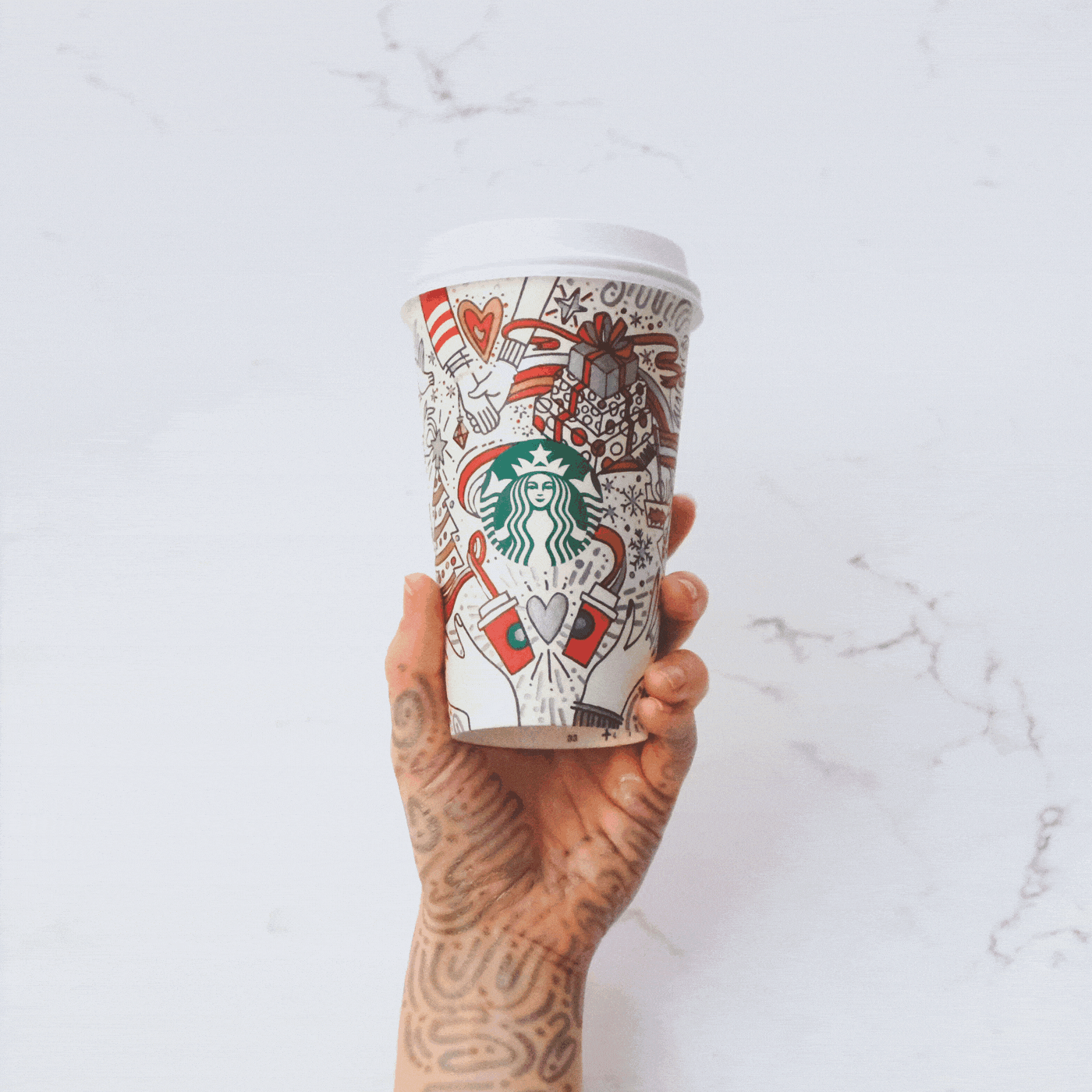 starbucks Give Good ILLUSTRATION  Holiday white cup Coffee sharpie hand-drawn line art