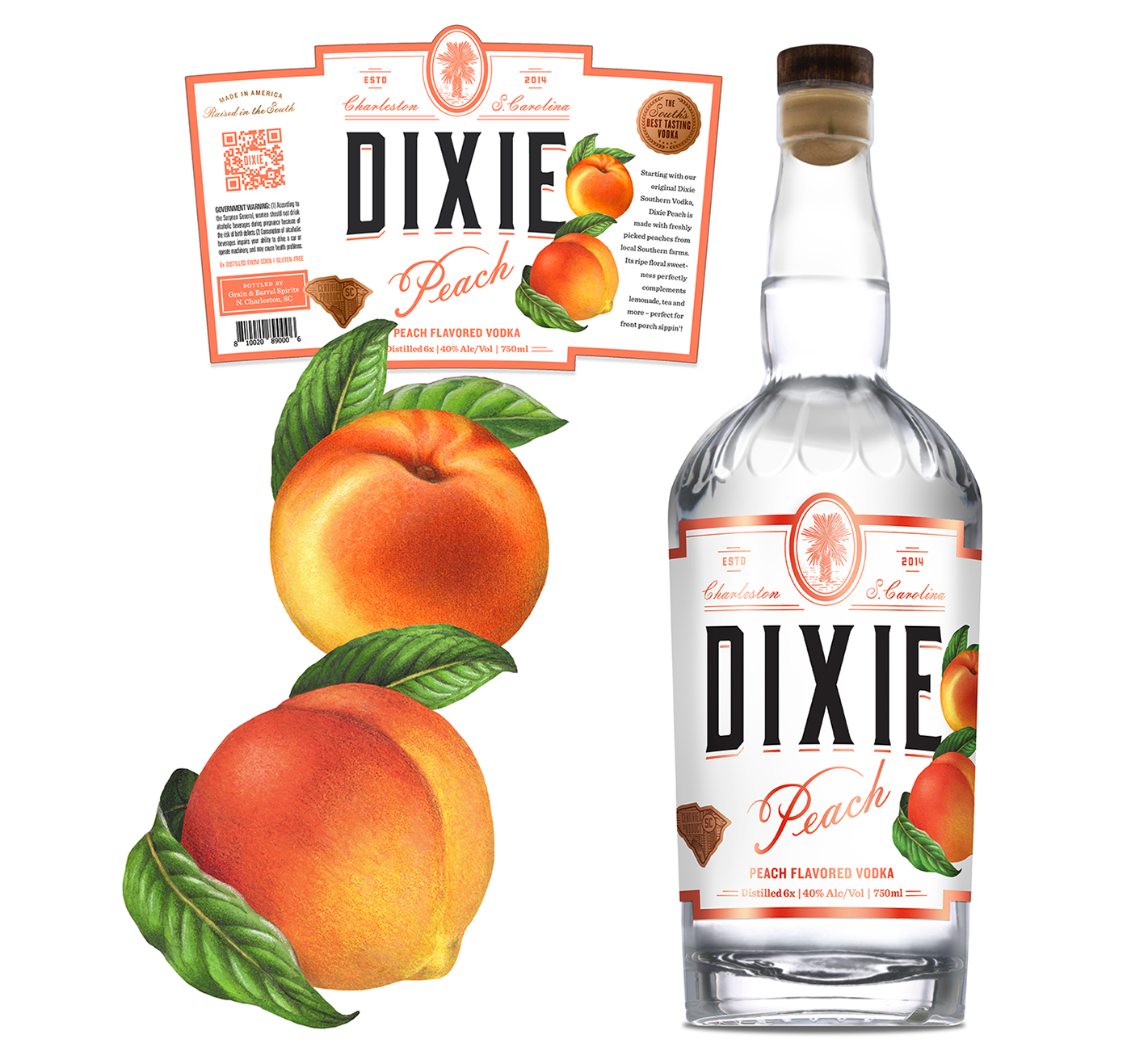 Realistic watercolor illustrations of peaches used on packaging for Dixie Peach Flavored Vodka.