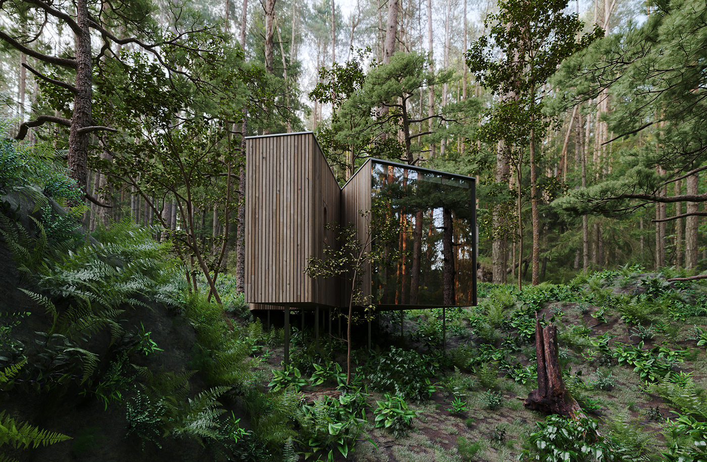 architecture archviz cabin CGI exmachina forest juvet