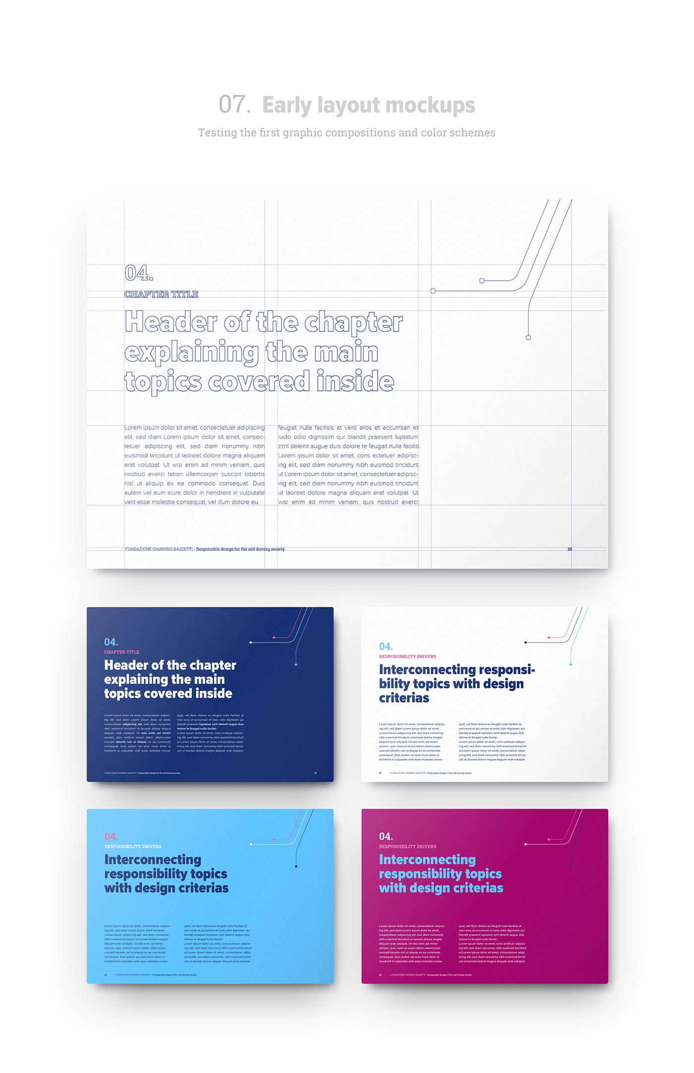 Early layout mockups and graphic compositions for the Self-Driving Society white paper design