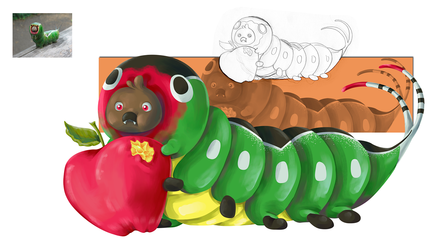 videogame concept art Character design  cartoon Digital Art  Caterpillar cute style videogame ui game design 