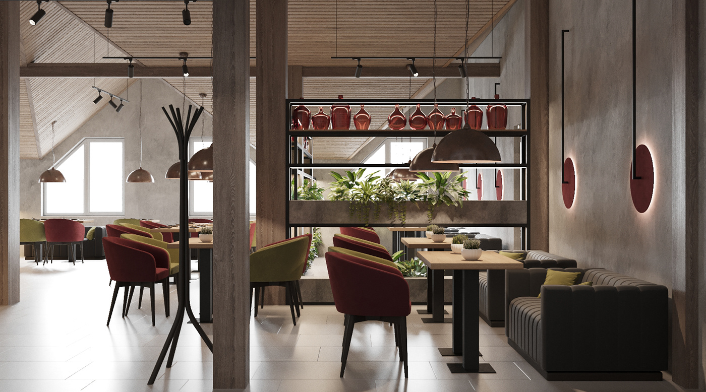 bar cafe design Interior LOFT lounge pizzeria red restaurant wood