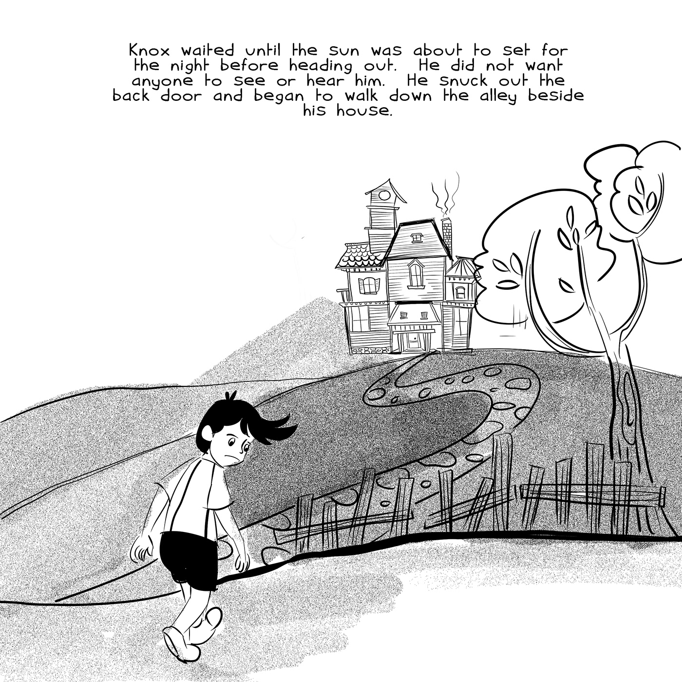 black and white children book ILLUSTRATION  little boy story sketch
